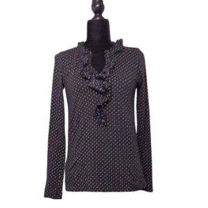 Ann Taylor Loft Black Long Sleeve White Polka-dot Ruffled Neckline Shirt Size S